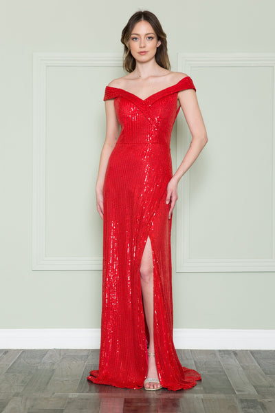 Poly USA 8722 Fitted Off Shoulder Sequin Gown