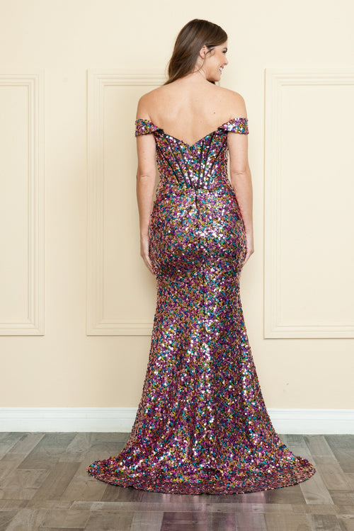 Poly USA 9150 Fitted Off Shoulder Sequin Slit Gown