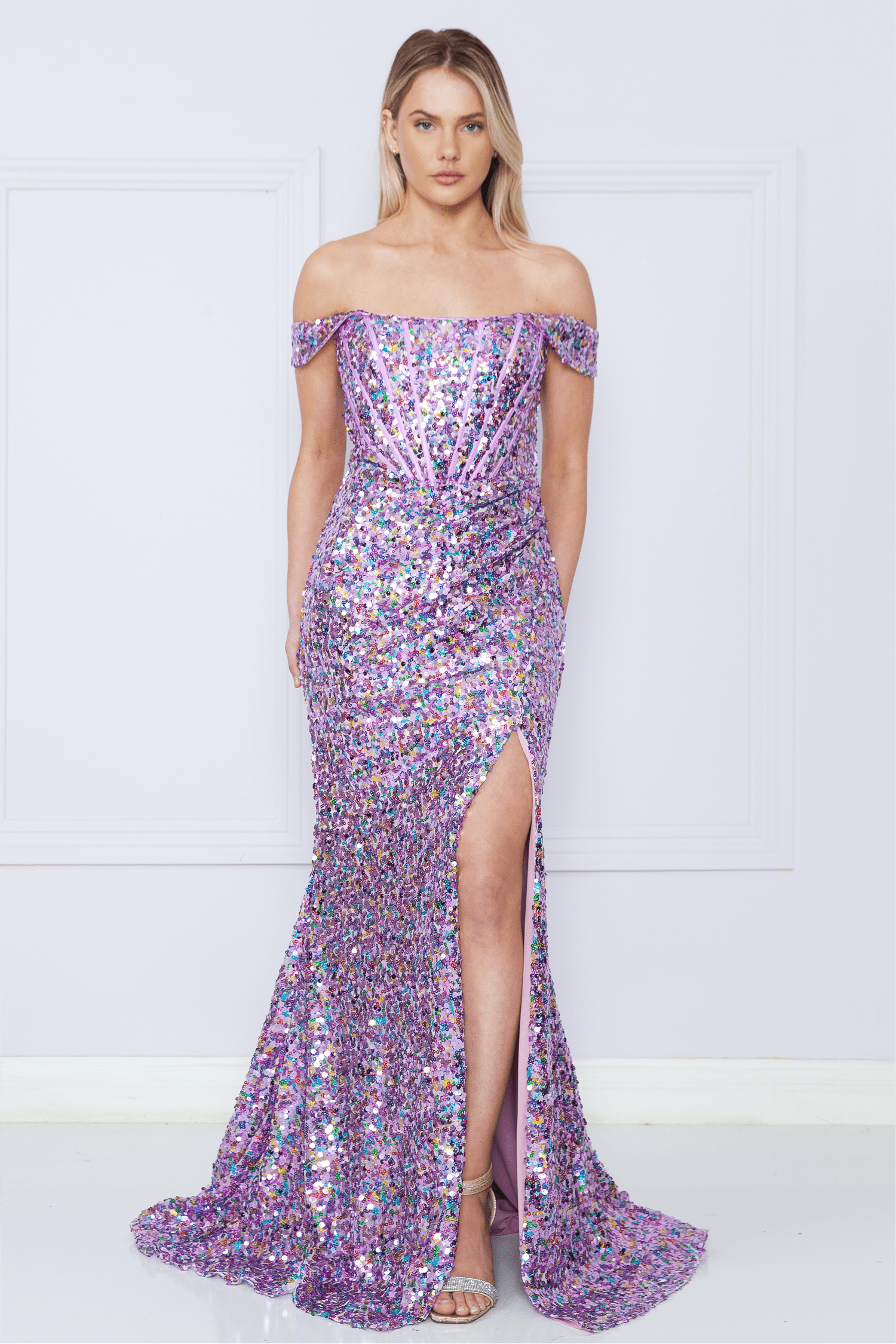 Fitted Off Shoulder Sequin Slit Gown by Poly USA 9150 2XL / Lavender