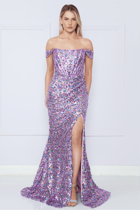 Poly USA 9150 Fitted Off Shoulder Sequin Slit Gown