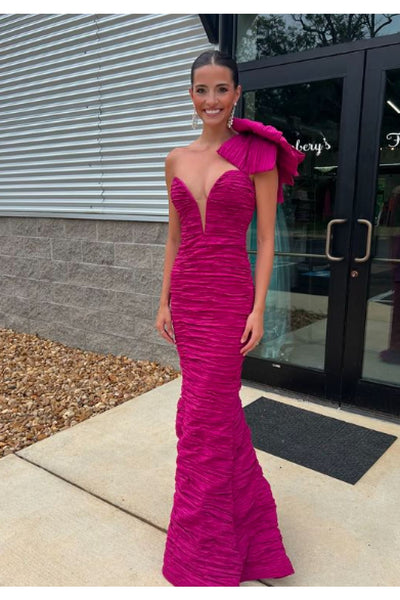 Fitted One Shoulder Bow Gown by Jovani 38240 - 00 / Fuchsia - Long Formal Dresses