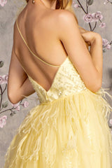 Fitted One Shoulder Feather Slit Gown by GLS Gloria GL3278 - Long Formal Dresses