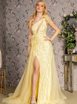 Fitted One Shoulder Feather Slit Gown by GLS Gloria GL3278