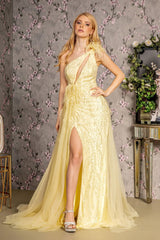 Fitted One Shoulder Feather Slit Gown by GLS Gloria GL3278 - XS / Light Yellow - Long Formal Dresses