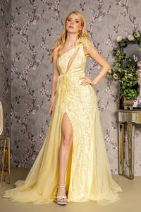 Fitted One Shoulder Feather Slit Gown by GLS Gloria GL3278 - XS / Light Yellow - Long Formal Dresses