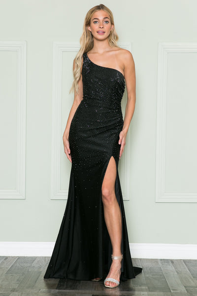 Poly USA 8914 Fitted One Shoulder Rhinestone Gown