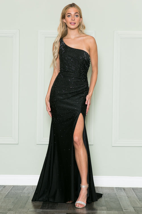 Poly USA 8914 Fitted One Shoulder Rhinestone Gown