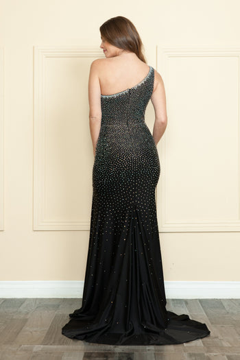 Vestido ajustado de un solo hombro con abertura y diamantes de imitación de Poly USA 9146