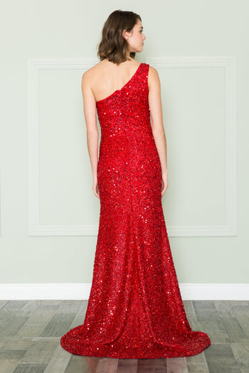 Vestido ajustado de lentejuelas con un solo hombro de Poly USA 8874