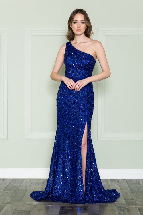 Poly USA 8874 Fitted One Shoulder Sequin Dress