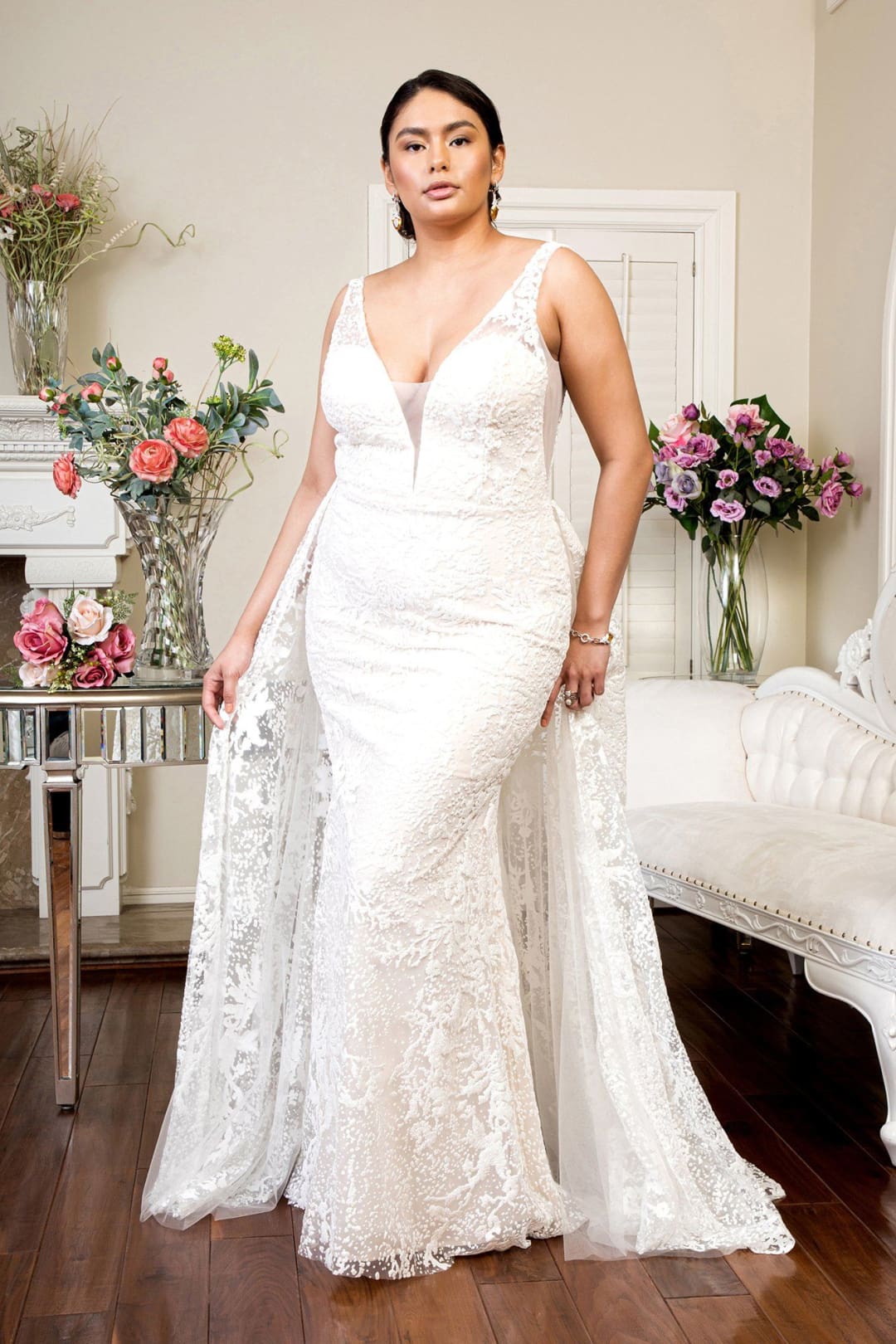 Fitted Overskirt Wedding Gown by Elizabeth K GL1903 - 3XL / Ivory - Wedding Dresses