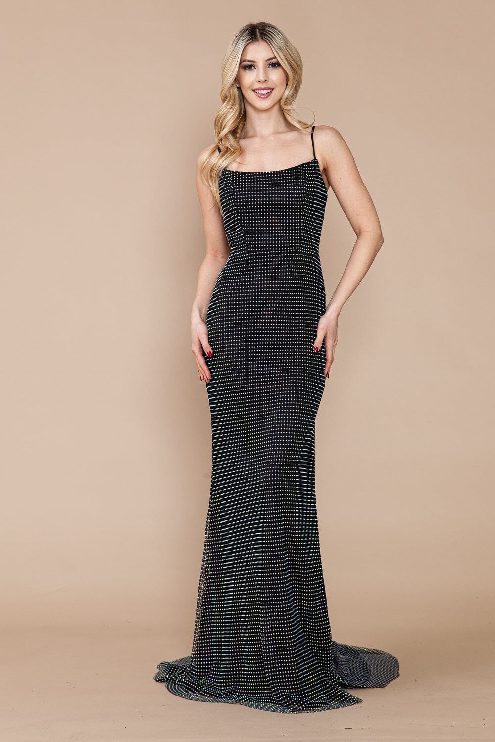 Vestido ajustado sin mangas con abertura y cuentas de diamantes de imitación de Poly USA 9284