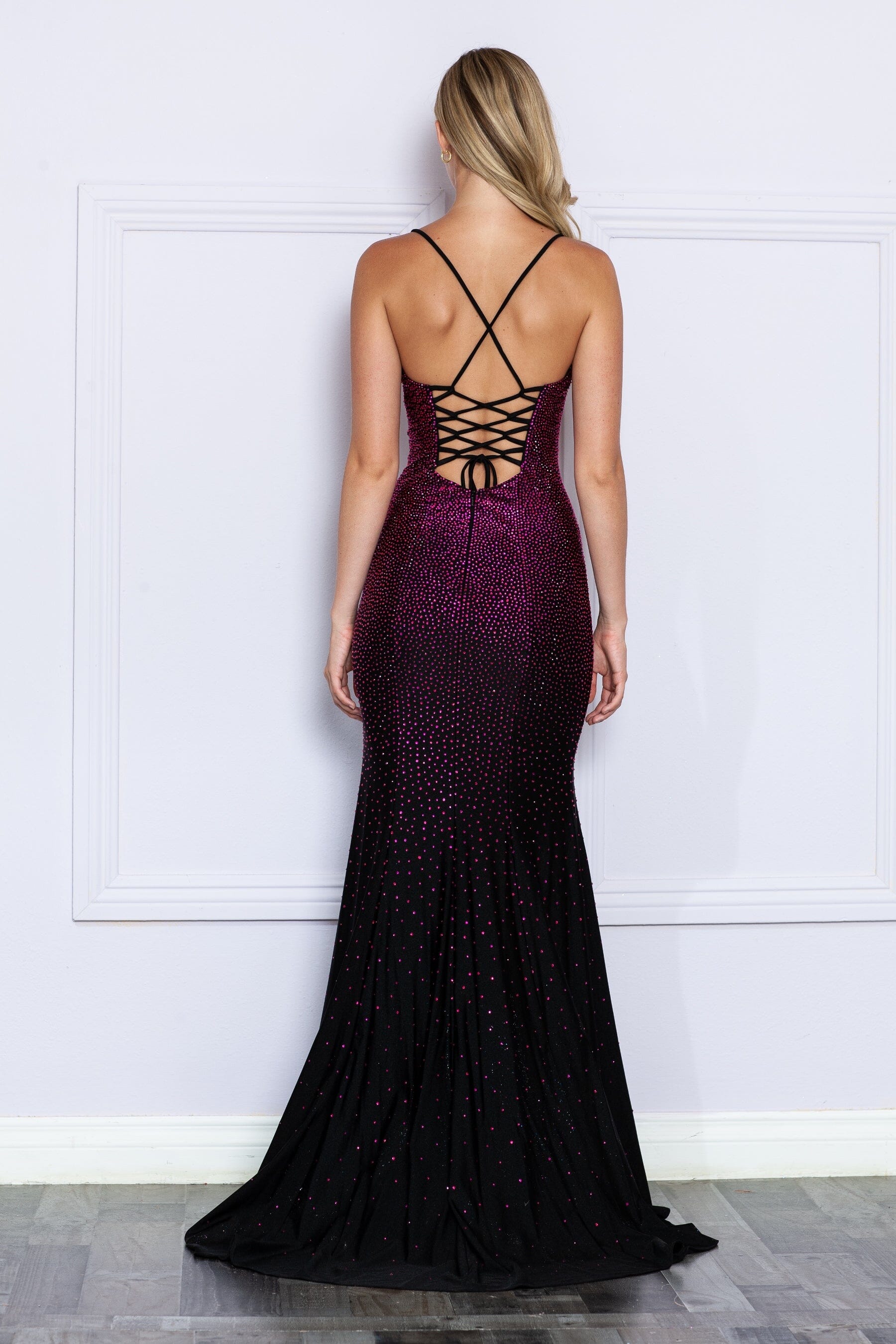 Poly USA 8892 Fitted Rhinestone Deep V-Neck Gown