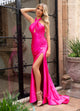 Rachel Allan 70679 Fitted Satin Halter Slit Gown
