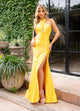 Rachel Allan 70679 Fitted Satin Halter Slit Gown