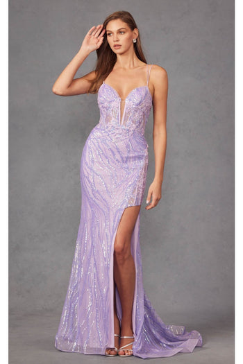 Fitted Sequin Appliqué Sleeveless Gown with Slit by Juliet JT2473R - Dress