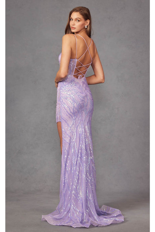 Fitted Sequin Appliqué Sleeveless Gown with Slit by Juliet JT2473R - Dress