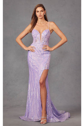 Fitted Sequin Appliqué Sleeveless Gown with Slit by Juliet JT2473R