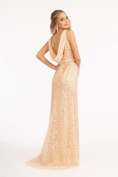 Fitted Sequin Cowl Back Gown by Elizabeth K GL3008 - Long Formal Dresses
