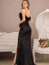 Fitted Sequin Feather Slit Gown by Elizabeth K GL3113
