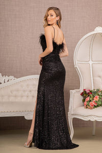 Fitted Sequin Feather Slit Gown by Elizabeth K GL3113 - Long Formal Dresses