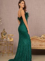 Fitted Sequin Feather Slit Gown by Elizabeth K GL3113