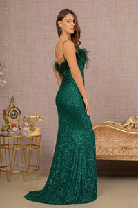 Fitted Sequin Feather Slit Gown by Elizabeth K GL3113 - Long Formal Dresses