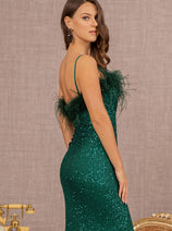 Fitted Sequin Feather Slit Gown by Elizabeth K GL3113