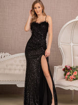 Fitted Sequin Feather Slit Gown by Elizabeth K GL3113