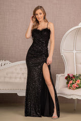 Fitted Sequin Feather Slit Gown by Elizabeth K GL3113 - Long Formal Dresses