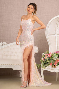 Fitted Sequin Feather Slit Gown by GLS Gloria GL3131 - Long Formal Dresses