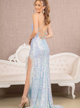 Fitted Sequin Feather Slit Gown by GLS Gloria GL3131
