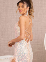 Fitted Sequin Feather Slit Gown by GLS Gloria GL3131