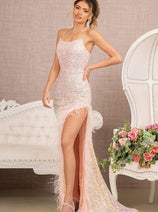 Fitted Sequin Feather Slit Gown by GLS Gloria GL3131