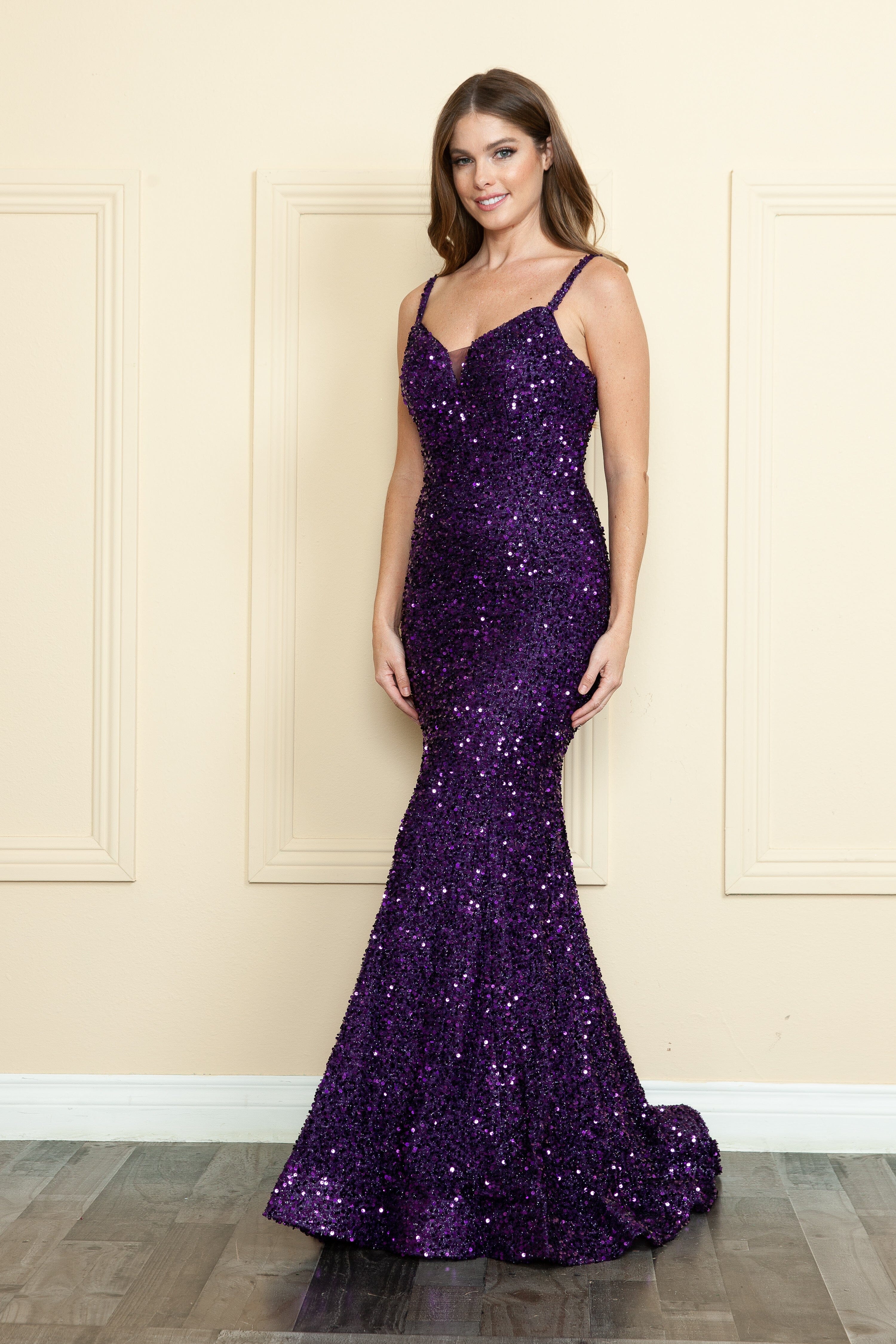 Poly USA 9002 Fitted Sequin Lace-Up Gown