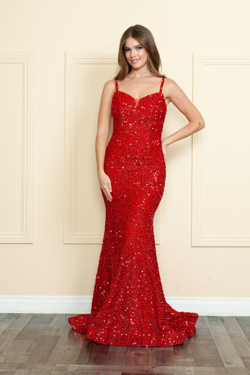 Poly USA 9002 Fitted Sequin Lace-Up Gown