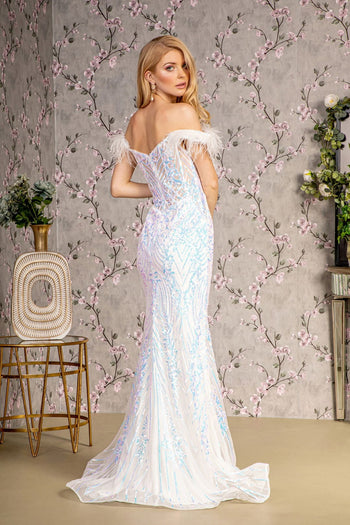 Fitted Sequin Off Shoulder Feather Gown by GLS Gloria GL3284 - Long Formal Dresses