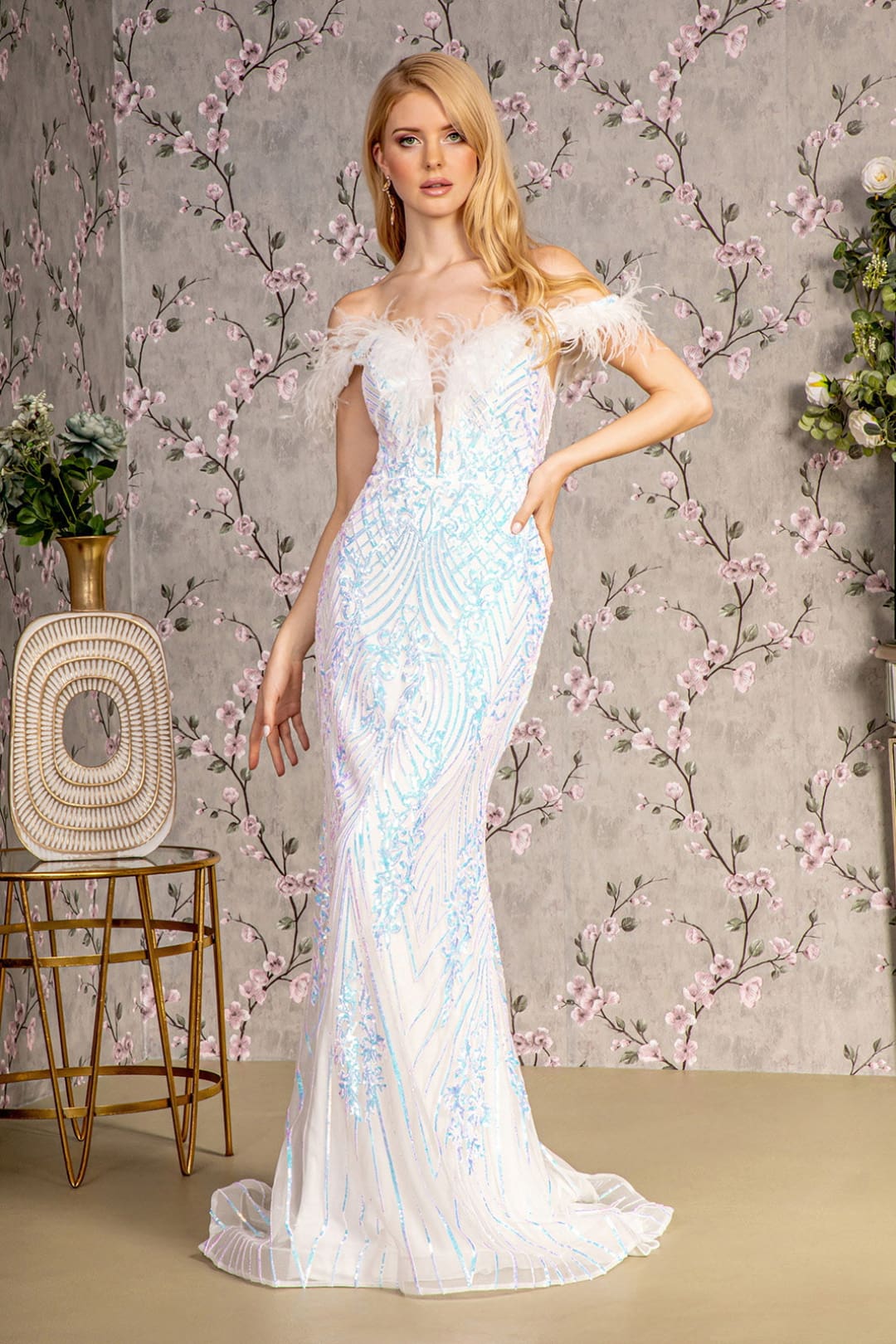 Fitted Sequin Off Shoulder Feather Gown by GLS Gloria GL3284 - XS / Ivory - Long Formal Dresses