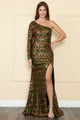 Vestido ajustado de lentejuelas con un solo hombro de Poly USA 9022
