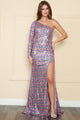 Vestido ajustado de lentejuelas con un solo hombro de Poly USA 9022