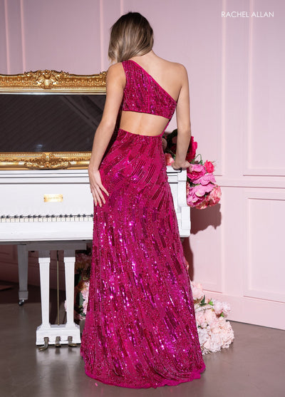 Rachel Allan 70678 Fitted Sequin One Shoulder Slit Gown