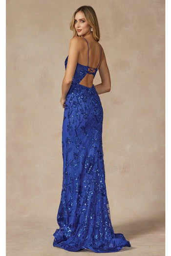 Fitted Sequin Print Deep V-Neck Evening Gown by Juliet 2411 - Dress