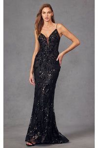 Fitted Sequin Print Deep V-Neck Evening Gown by Juliet 2411 - Dress