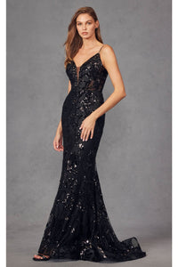 Fitted Sequin Print Deep V-Neck Evening Gown by Juliet 2411 - Dress