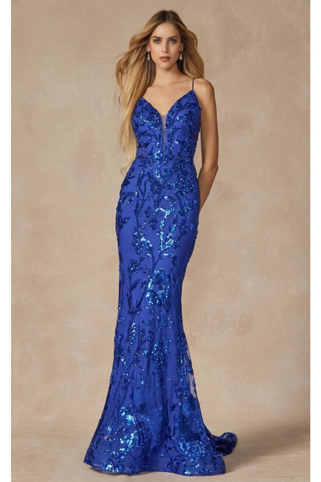 Fitted Sequin Print Deep V-Neck Evening Gown by Juliet 2411 - Royal Blue / XS - Dress