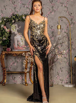 Fitted Sequin Print Sleeveless Slit Gown by GLS Gloria GL3370