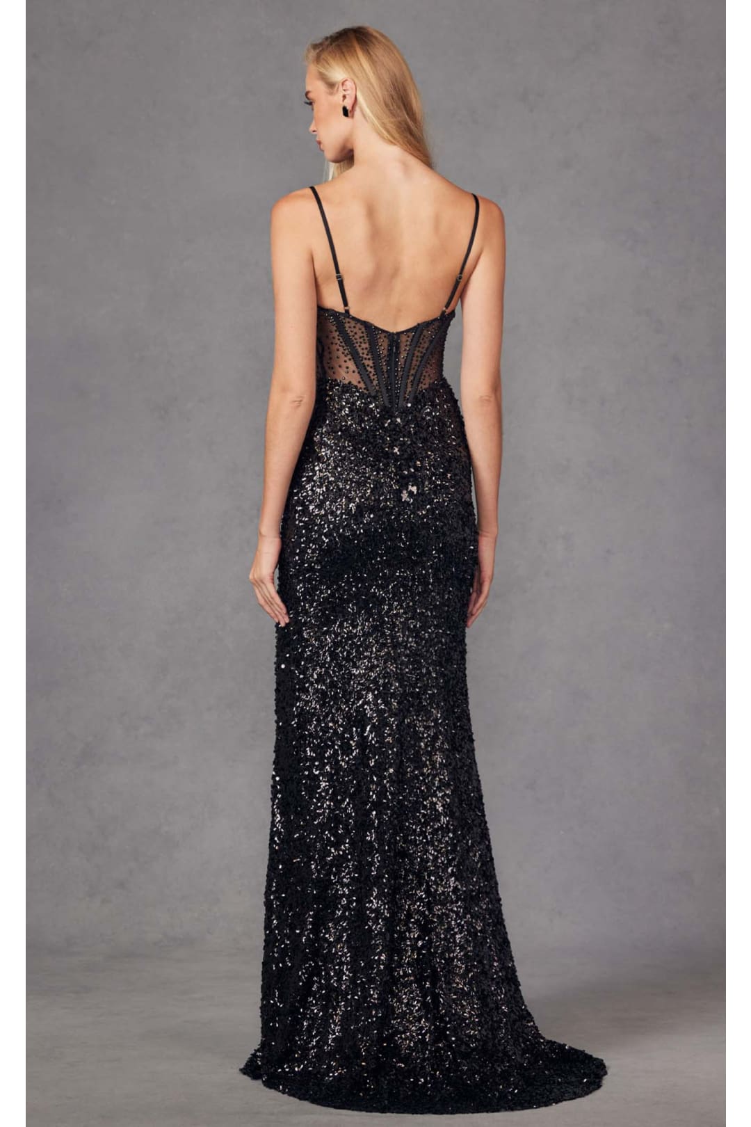 Fitted Sequin Sleeveless Corset Gown with Slit by Juliet JT2474U - Dress