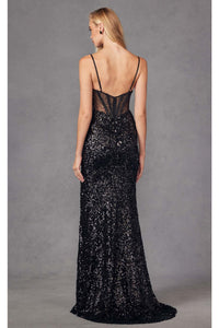 Fitted Sequin Sleeveless Corset Gown with Slit by Juliet JT2474U - Dress