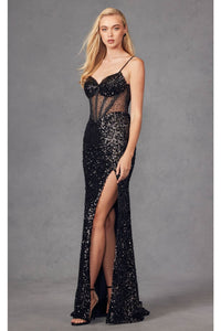 Fitted Sequin Sleeveless Corset Gown with Slit by Juliet JT2474U - Dress