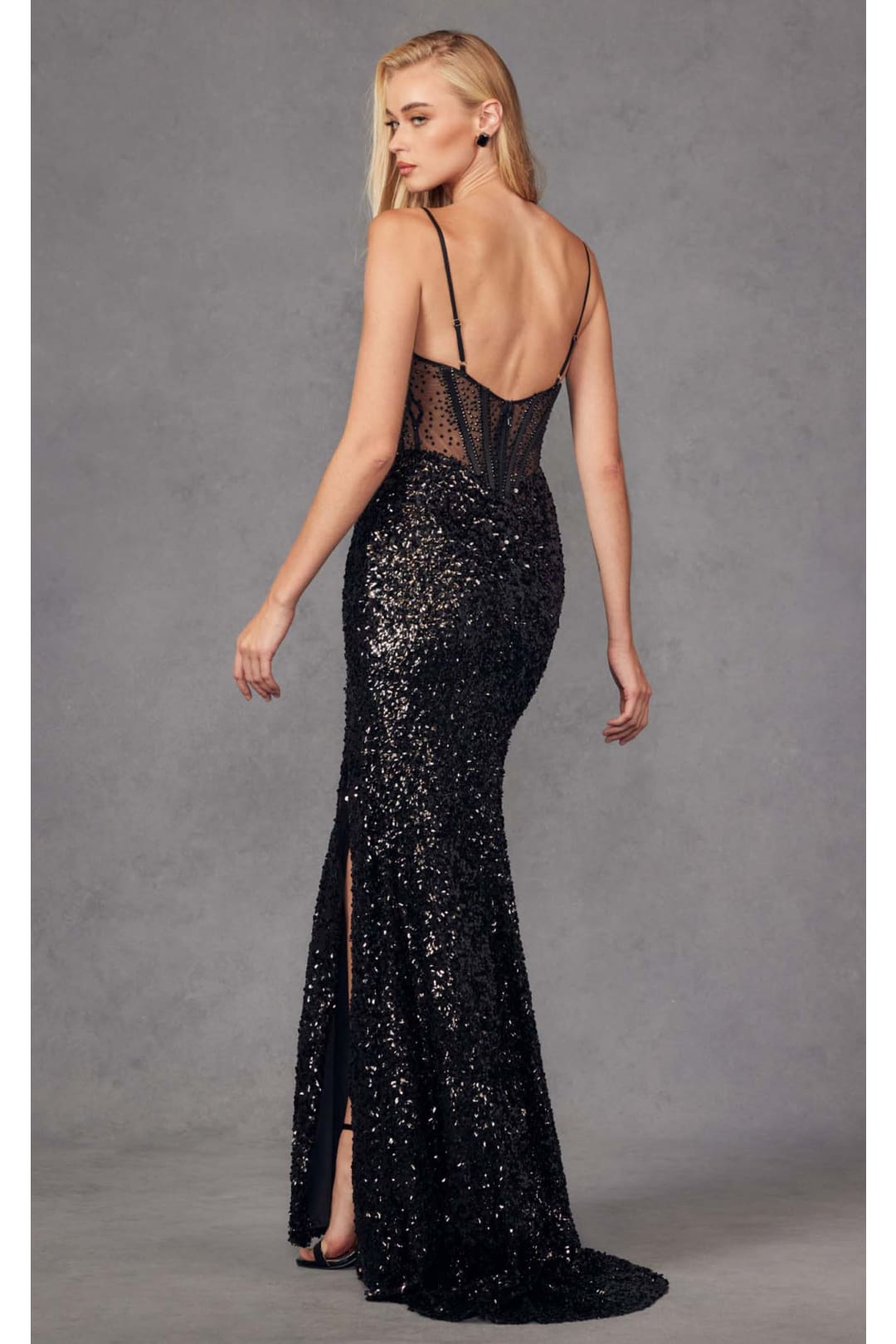 Fitted Sequin Sleeveless Corset Gown with Slit by Juliet JT2474U - Dress